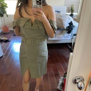 (Essue) Off Shoulder Olive Green Mini Dress